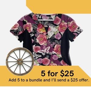 Health Pro black/pink floral scrub top with stretch side panels.